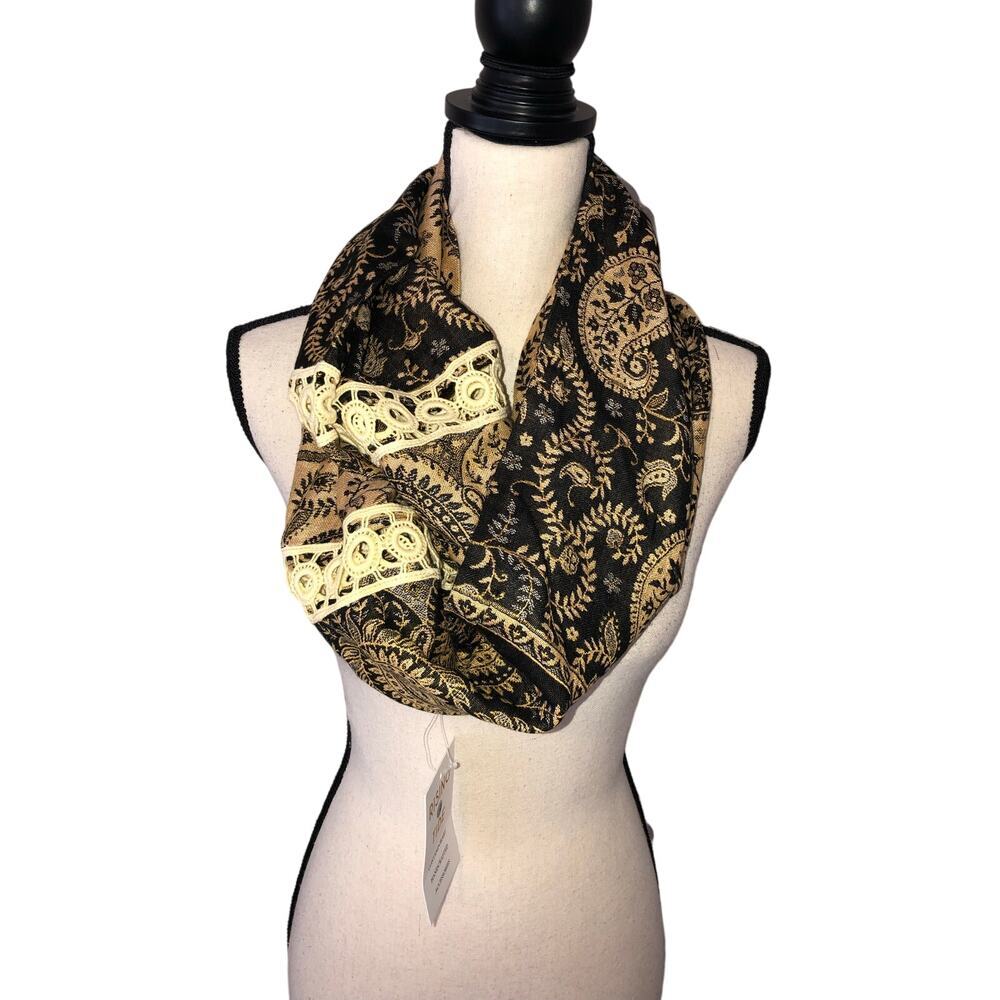 Rising Tide Infinity Scarf Paisley Crochet Trim Brown Tan Beige Handcrafted